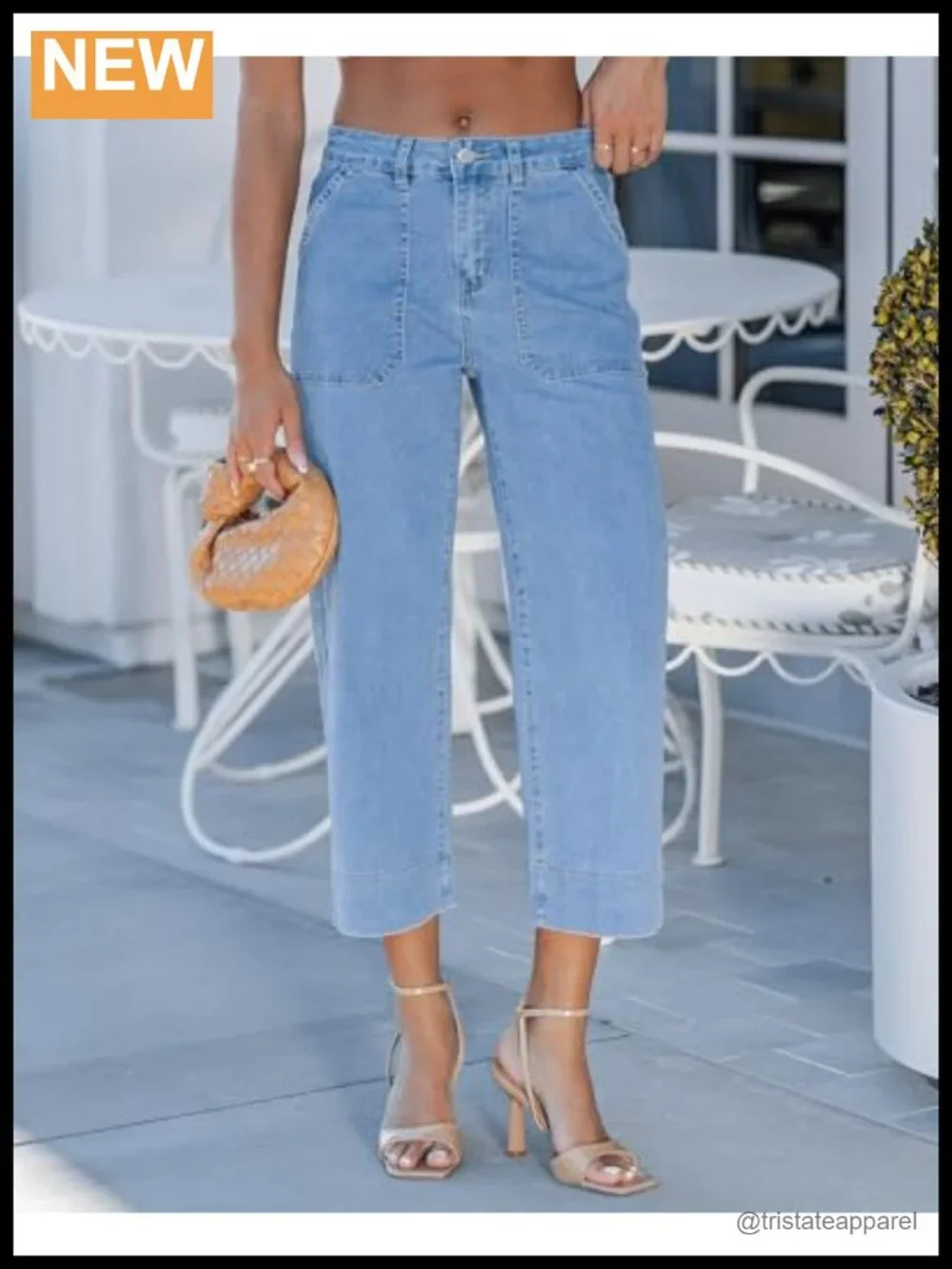 High Waisted Wide Leg Cropped Denim Capris with Pockets